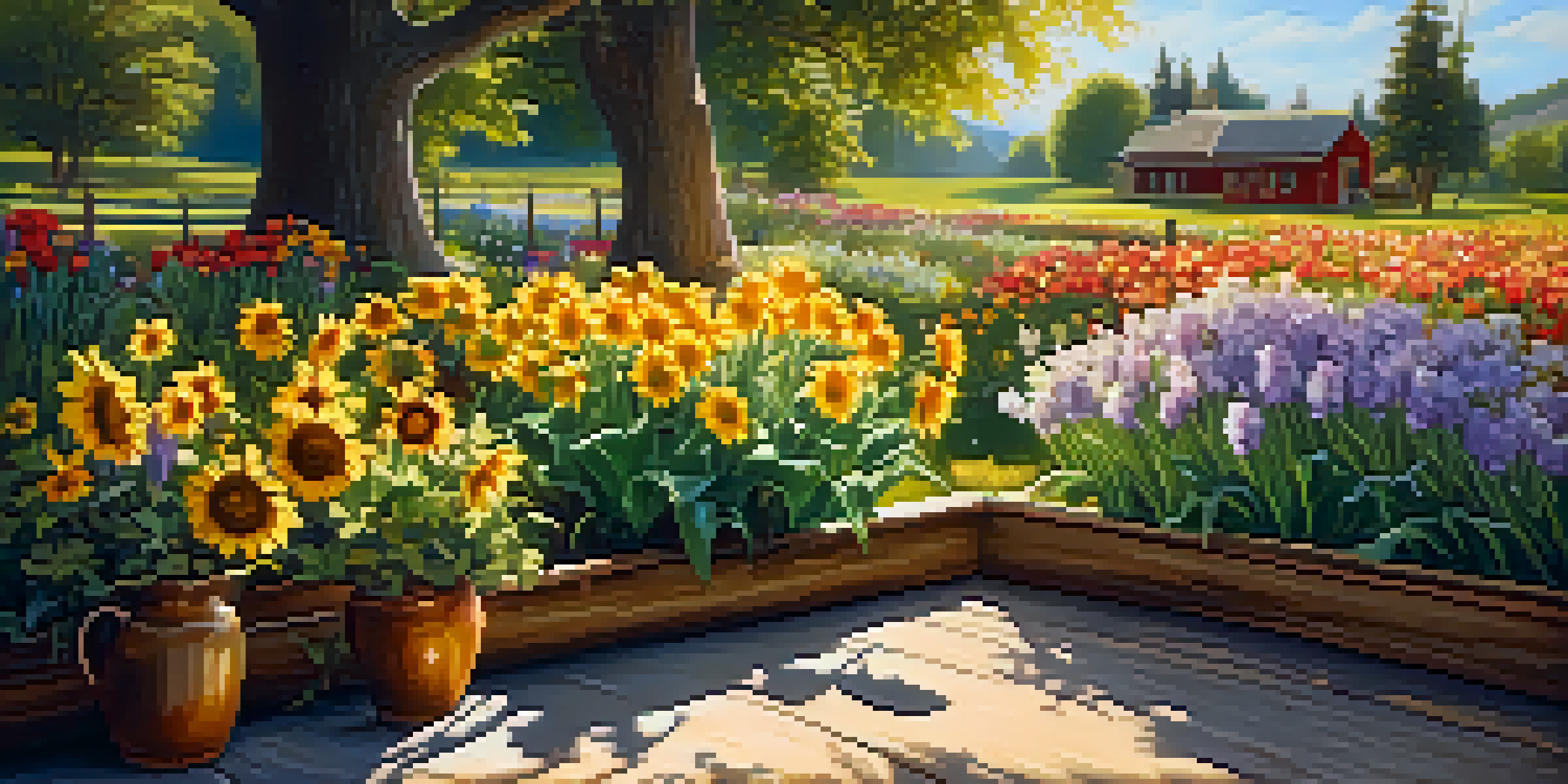 A colorful flower garden with daisies, tulips, and sunflowers under warm sunlight, with a wooden bench in the background.
