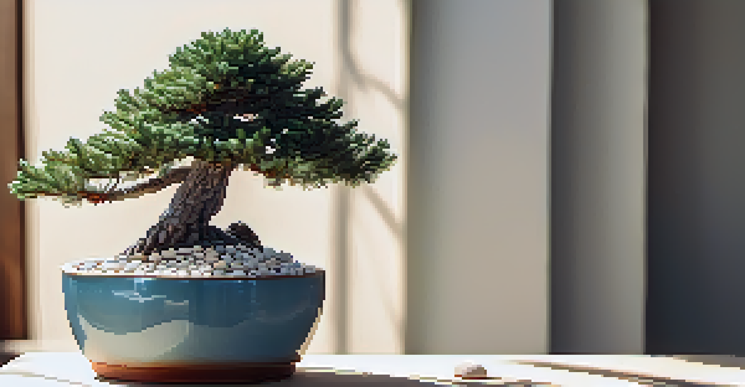 A blue spruce bonsai in a light pot with white pebbles, surrounded by soft sunlight and shadows.