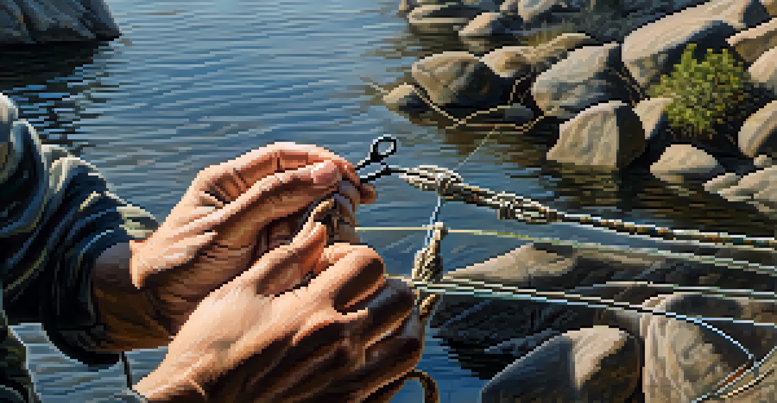 A close-up of a fisherman’s hands tying a fishing hook to a line with a blurred scenic riverbank in the background.