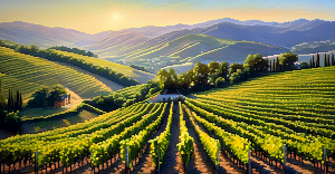 A scenic vineyard in Germany with green Riesling grapevines under a golden sunset, surrounded by rolling hills and a blue sky.