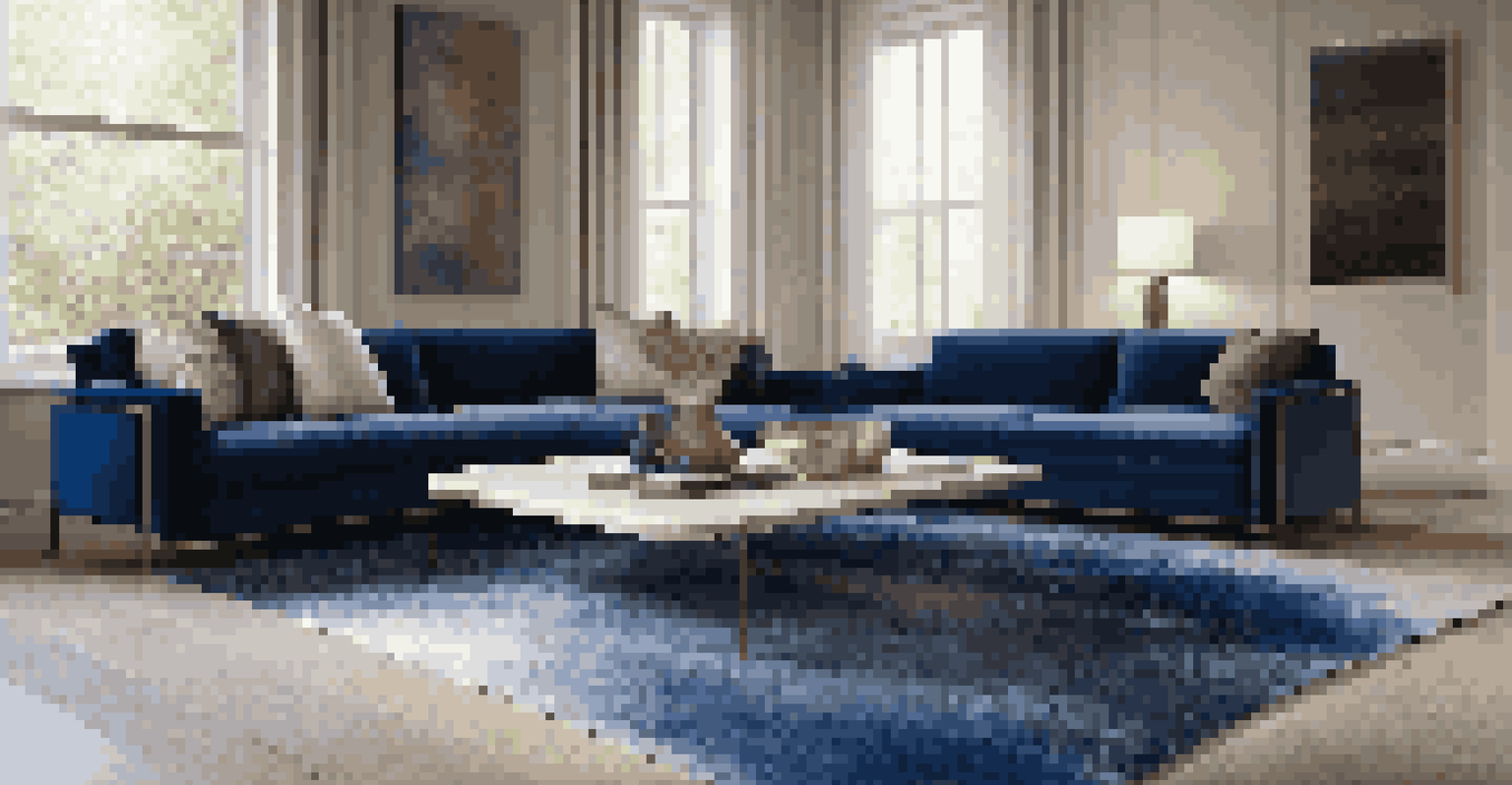 A modern room with an elegant rug displaying a mix of textures in deep blue and beige, under a sleek coffee table, softly lit.