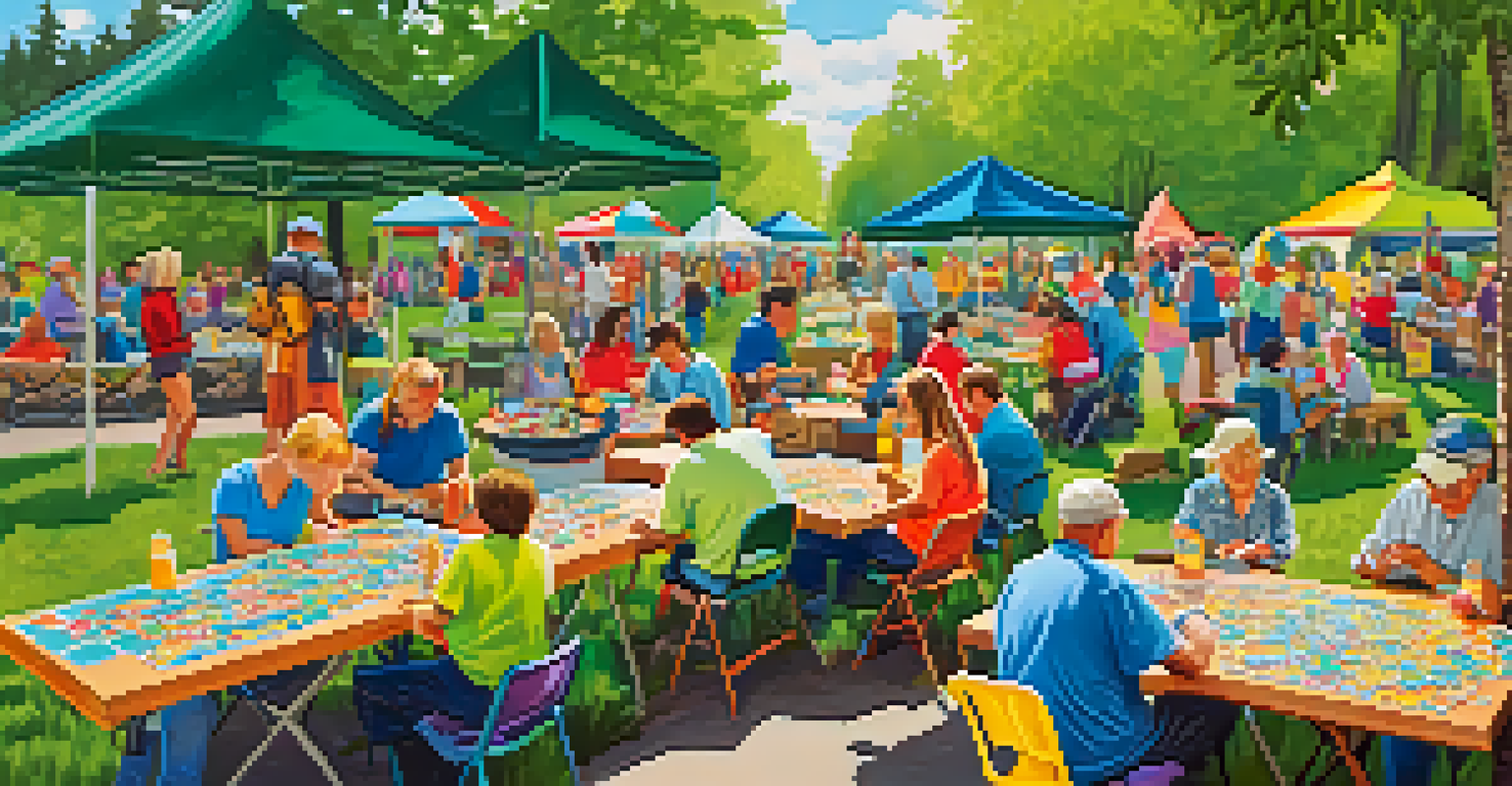 An outdoor puzzle swap event in a park with collectors trading puzzles and enjoying the atmosphere.