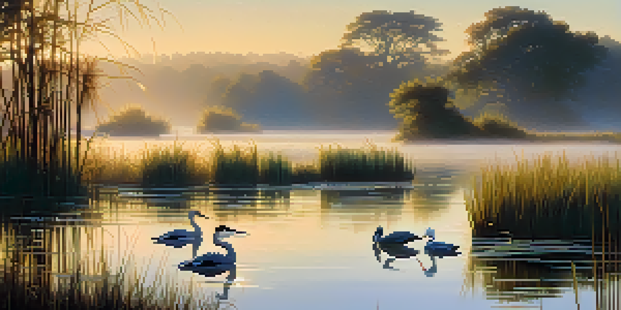 A tranquil wetland at dawn featuring herons and ducks, with golden light reflecting on the water and green reeds in the foreground.