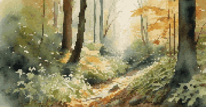 A peaceful autumn forest with edible plants like wild garlic and berries among colorful leaves, illuminated by soft sunlight.