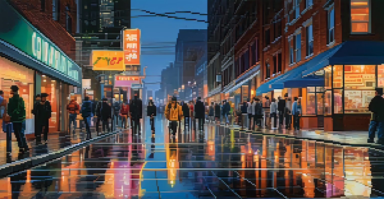 A lively urban street scene at twilight, with neon lights and pedestrians on a wet sidewalk.