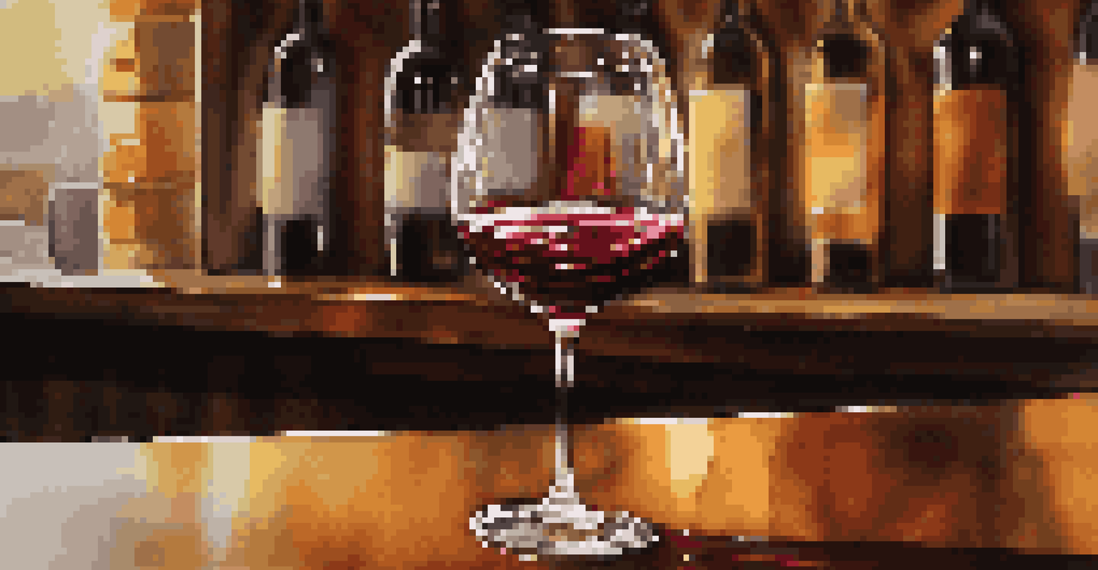 A close-up of a wine glass being swirled, with warm bar lighting and blurred shelves of wine bottles in the background.