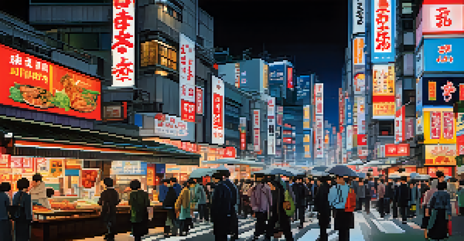 A lively Tokyo street scene at night, illuminated by neon lights and busy with people and food vendors.
