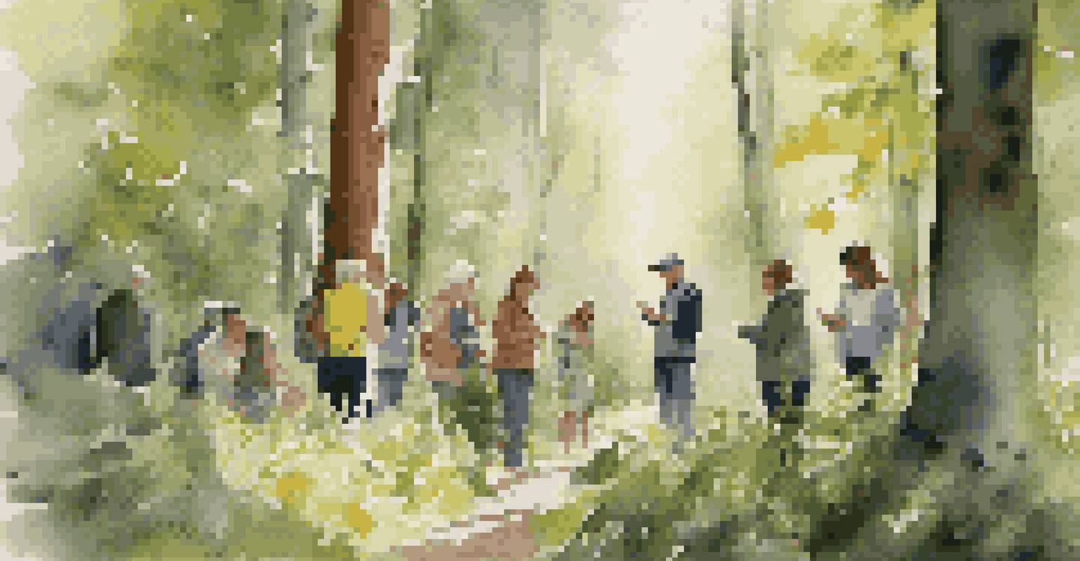 A guided foraging walk in a wooded area with a diverse group of people listening to an expert forager pointing out edible plants, surrounded by lush greenery.