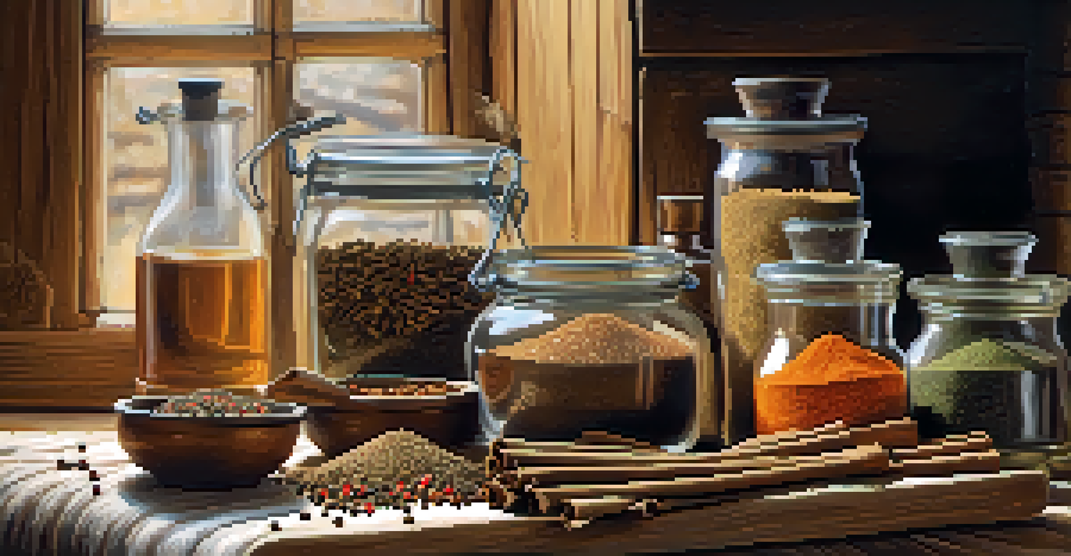A rustic wooden table displaying jars of spices and an open cookbook, with natural light highlighting the textures.