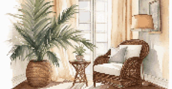A cozy indoor corner with a tall palm plant in a rattan planter, soft sunlight, comfortable armchair, and a steaming cup of tea.