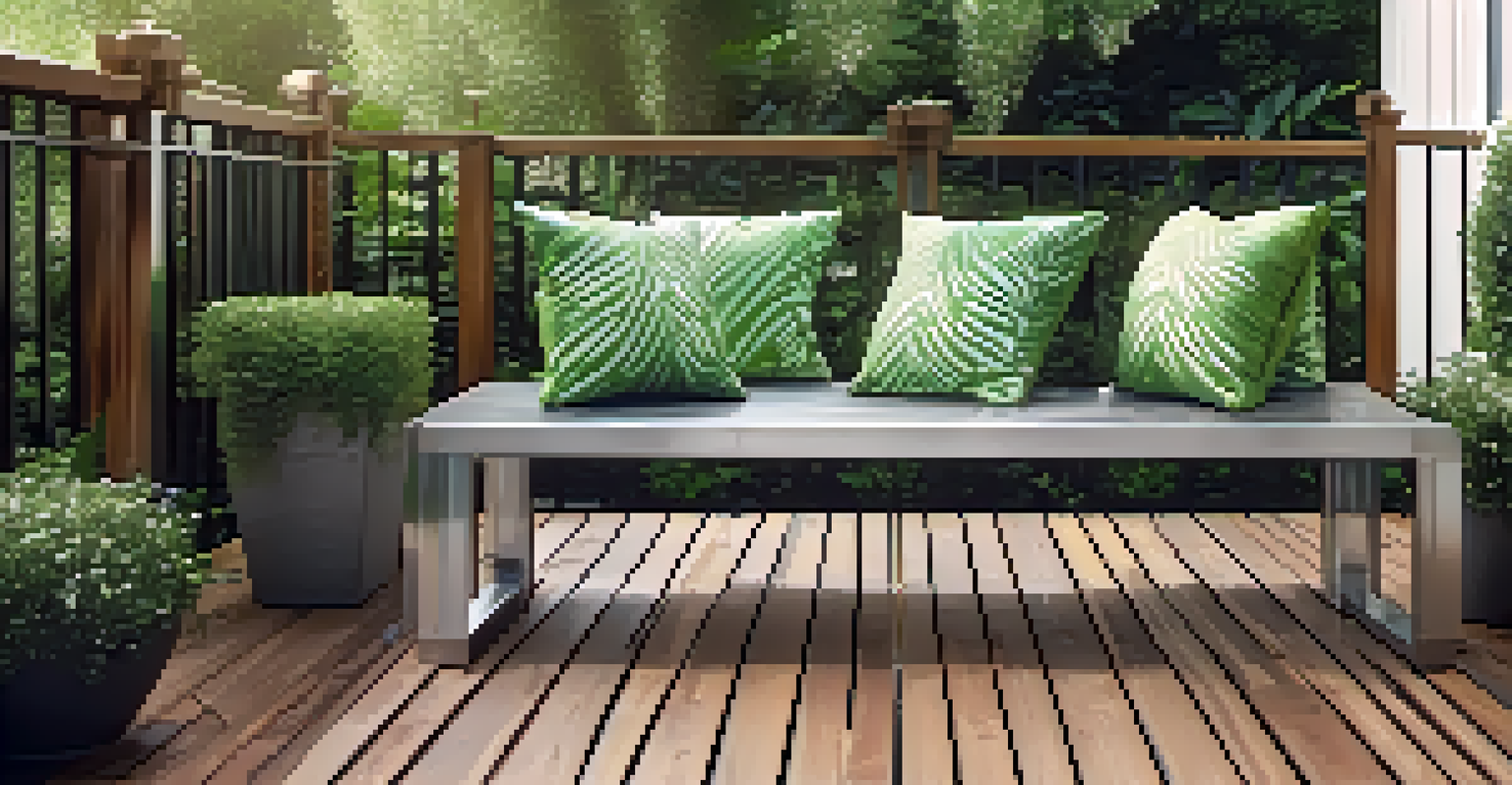 A multifunctional aluminum storage bench on a wooden deck, decorated with pillows, surrounded by greenery and light rain.