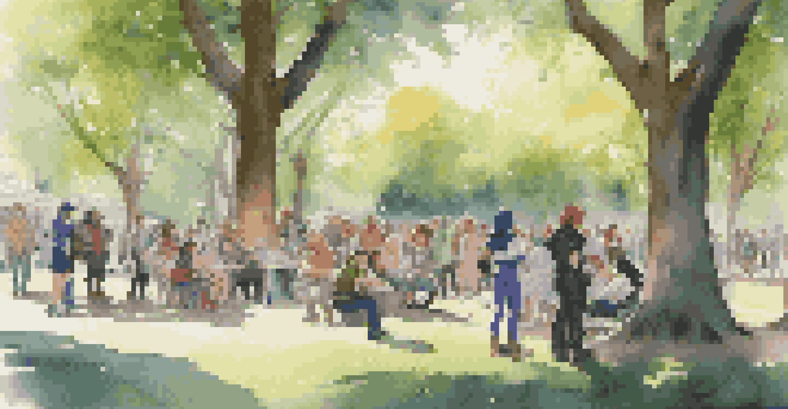 A group of cosplayers in a park, engaged in lively conversations about their characters, surrounded by greenery.
