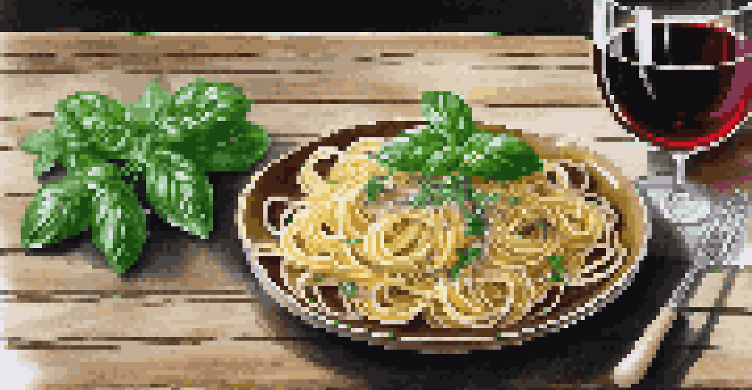 A plate of pasta topped with fresh basil and parmesan, with a glass of red wine and herbs in the background.