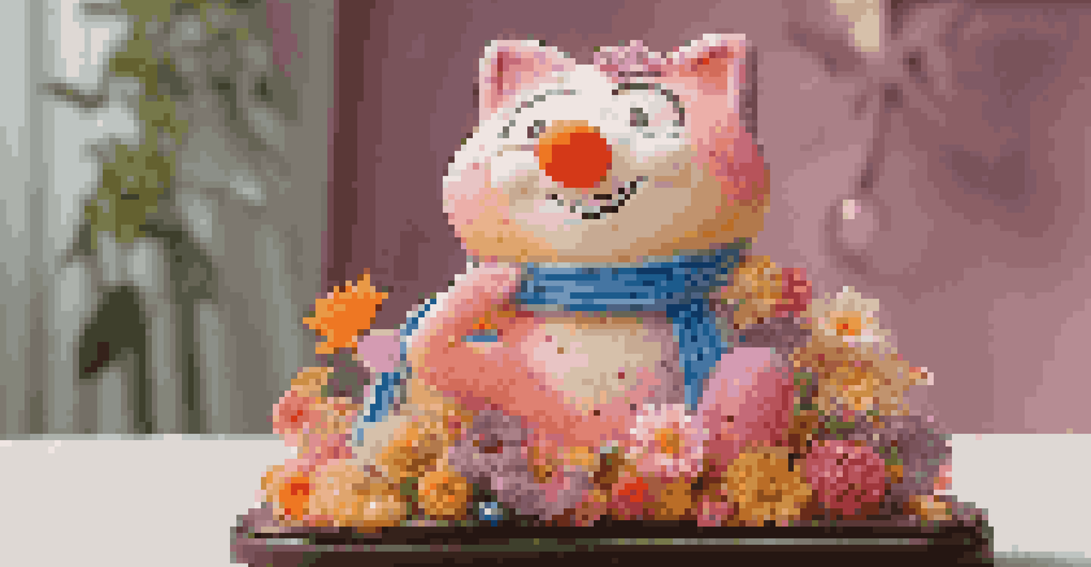 A soap sculpture of a cartoon character, brightly painted and displayed on a decorative tray with flowers and ribbons.