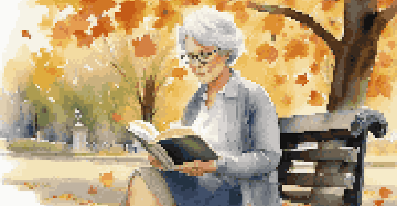 An older woman reading a book on a park bench, surrounded by autumn leaves and sunlight.