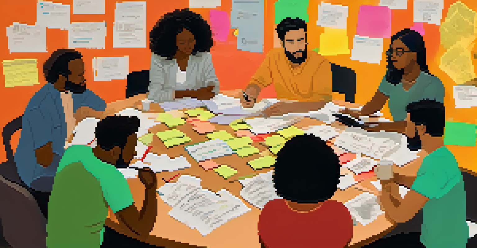 A diverse group of writers engaged in a brainstorming session at a table filled with sticky notes and mind maps.