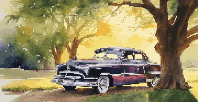 A restored classic car parked under a tree during sunset, surrounded by greenery.