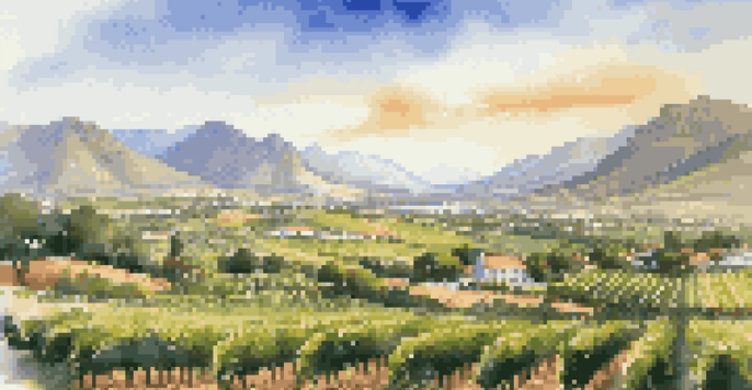 A scenic view of the Cape Winelands in South Africa, with rolling vineyards and mountains in the background under a sunny sky.