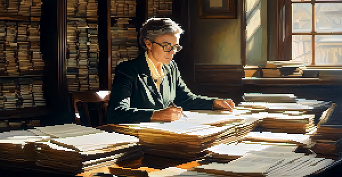 A middle-aged woman with glasses examining a faded photograph of a soldier at a wooden desk filled with military records, illuminated by sunlight.