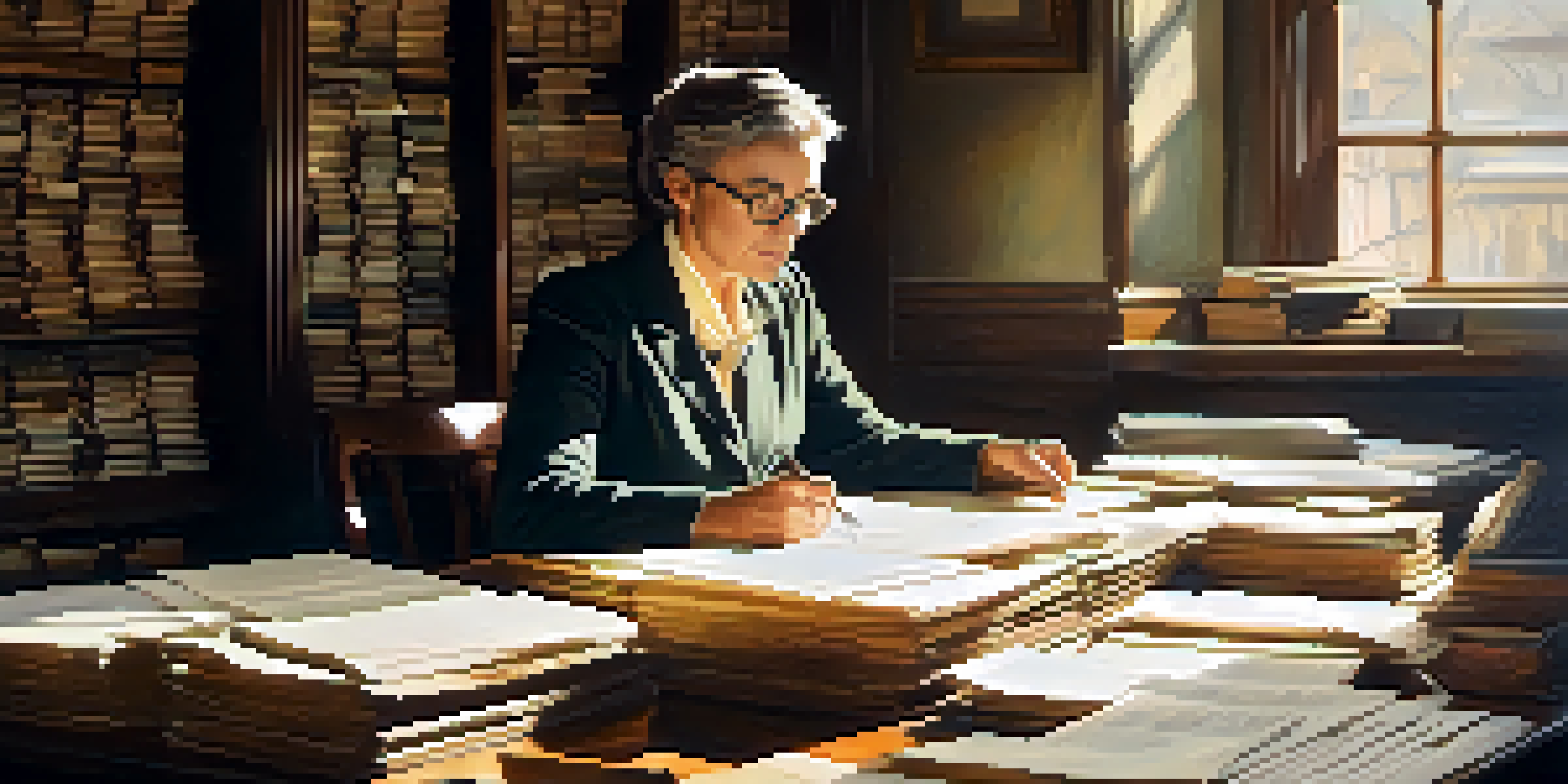 A middle-aged woman with glasses examining a faded photograph of a soldier at a wooden desk filled with military records, illuminated by sunlight.