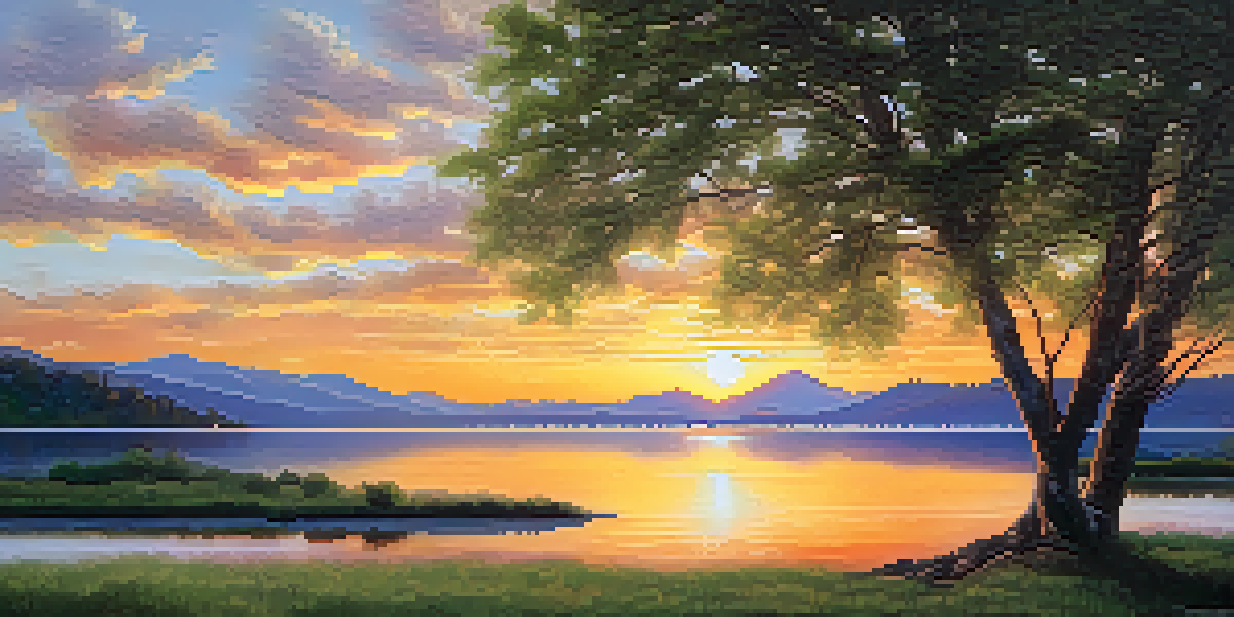A tranquil lake at sunset with a tree in the foreground and mountains in the background, reflecting warm colors in the water.