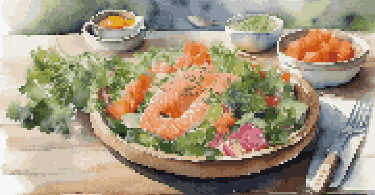 A colorful salad topped with smoked salmon flakes, garnished with fresh herbs and vegetables, served on a rustic wooden plate in a bright setting.