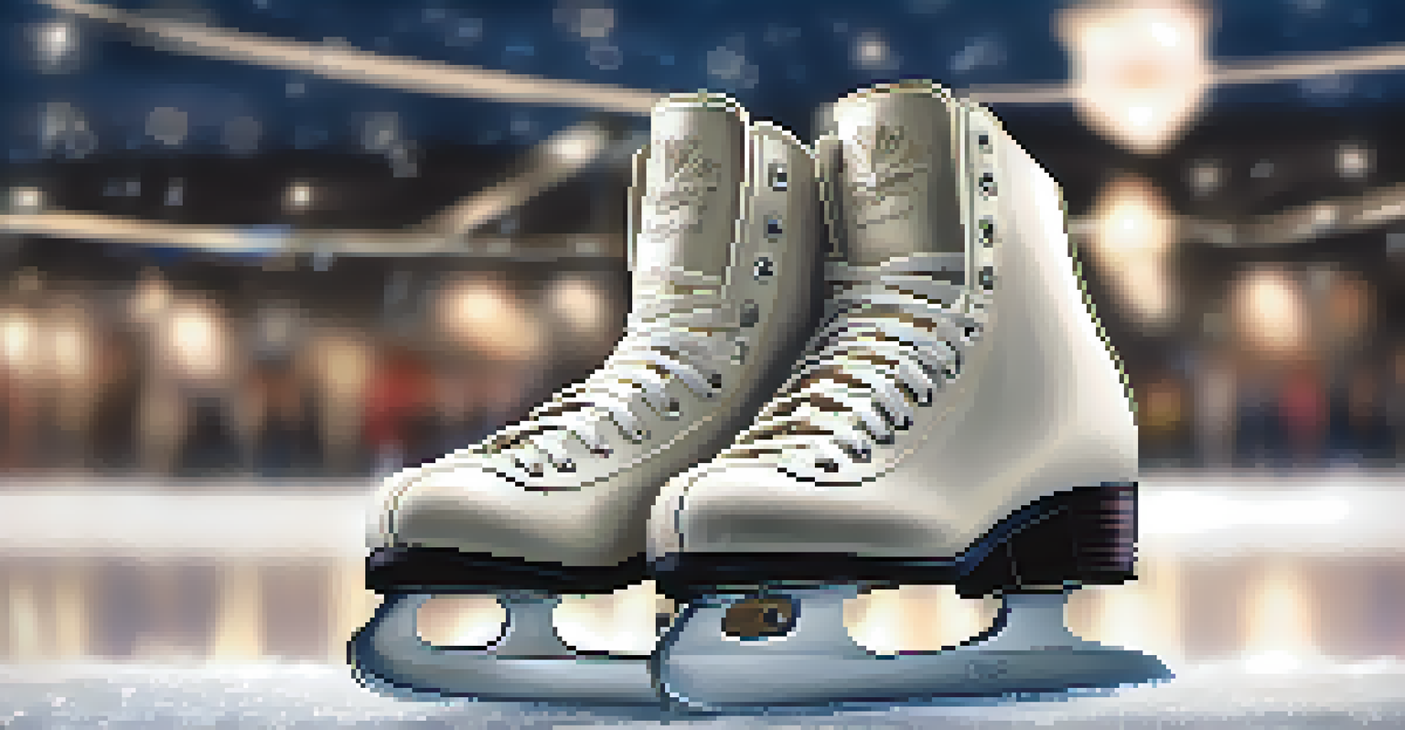 Close-up of ice skates on the ice with blurred skaters in the background.