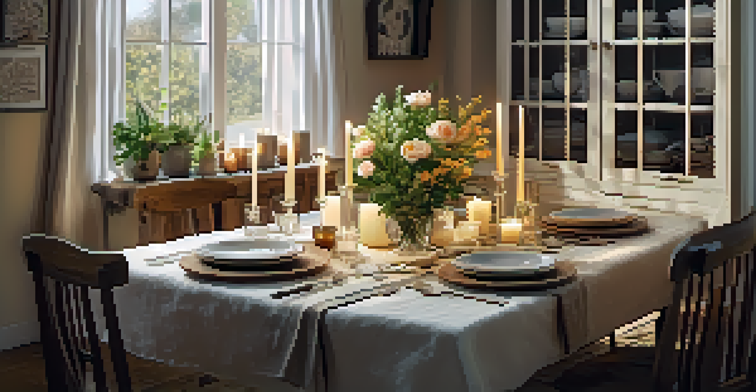 A dining table set with rustic decor, seasonal flowers, and candles, creating a warm and cozy dining experience.