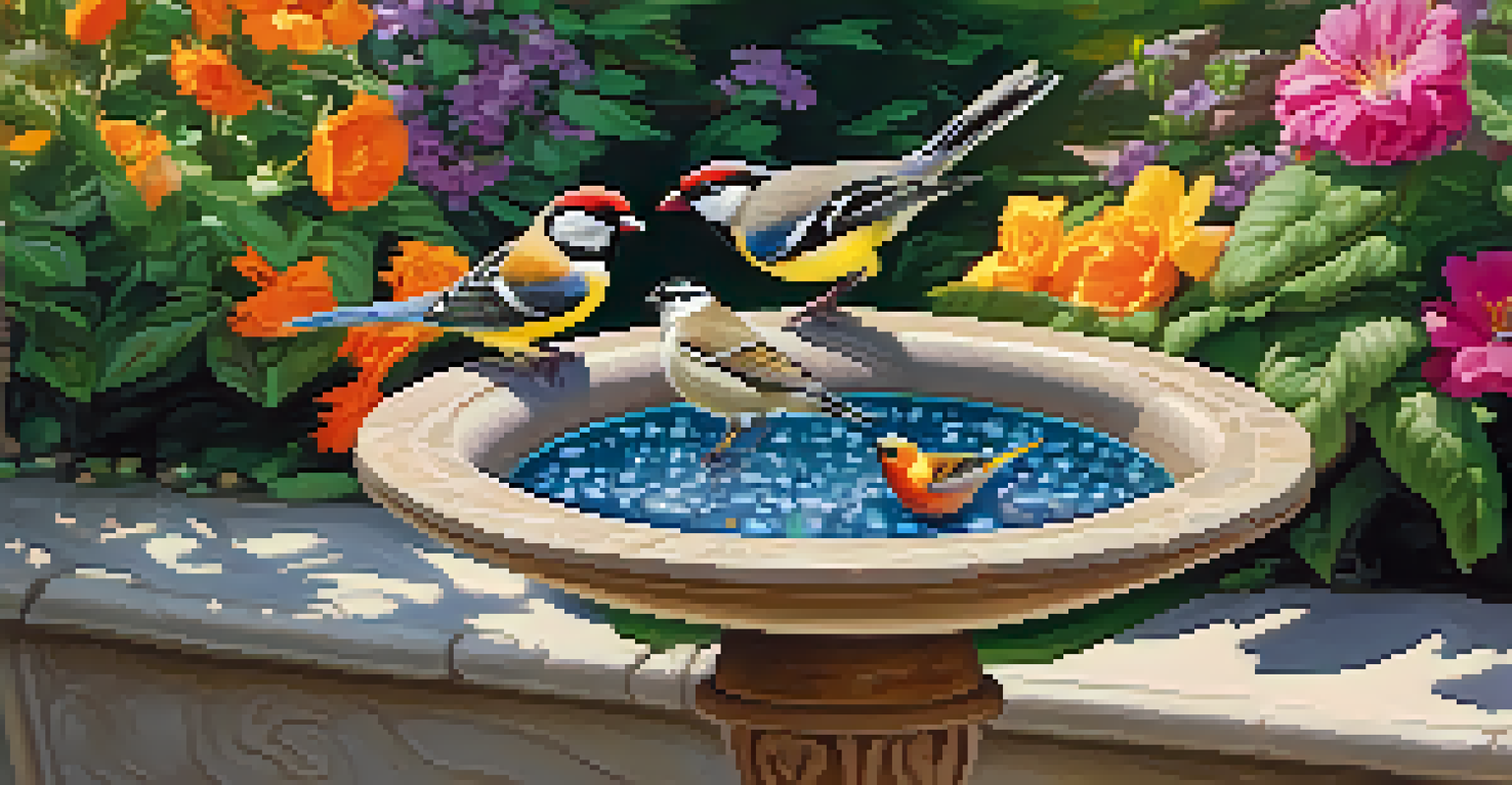 A close-up of a birdbath filled with clear water in a colorful garden, with birds gathered around it to drink.
