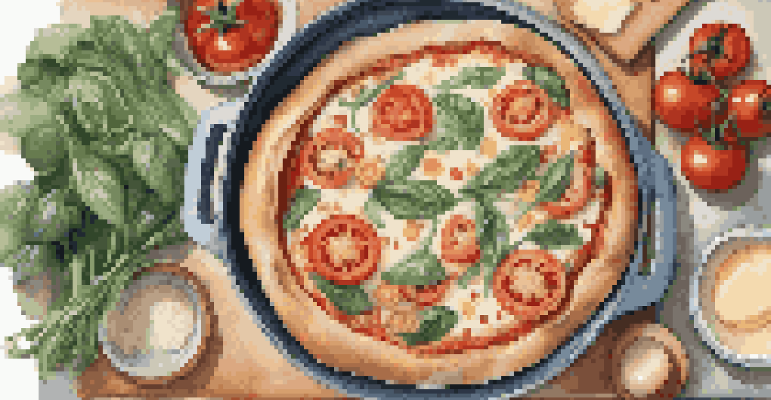 An overhead view of a mixing bowl with whole grain pizza dough, surrounded by fresh vegetables and cheese for toppings.