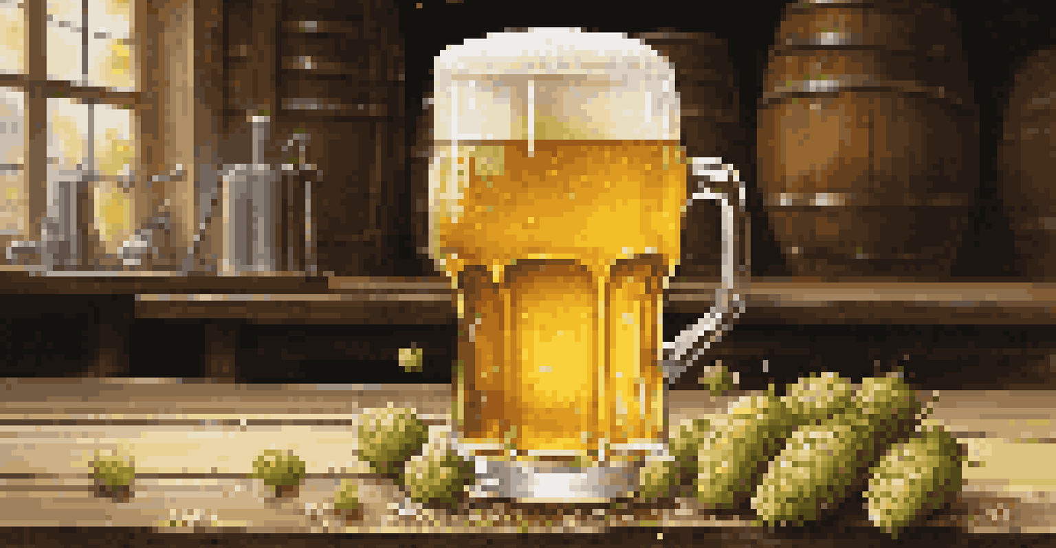 A close-up of a glass of golden beer with bubbles and a frothy head, surrounded by hops and grains on a wooden table.