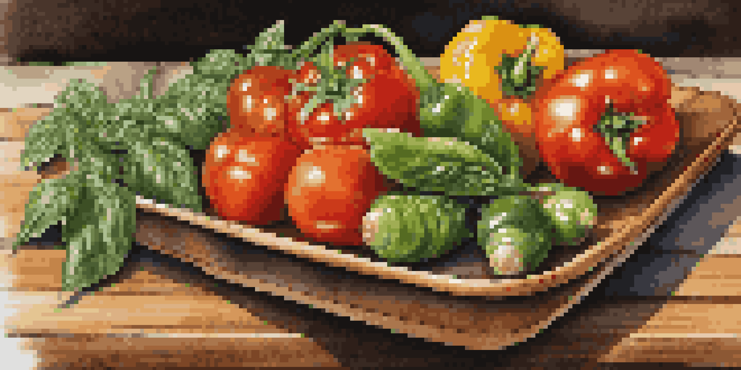 A plate of colorful seasonal vegetables with tomatoes, basil, and bell peppers on a rustic wooden table, illuminated by warm lighting.