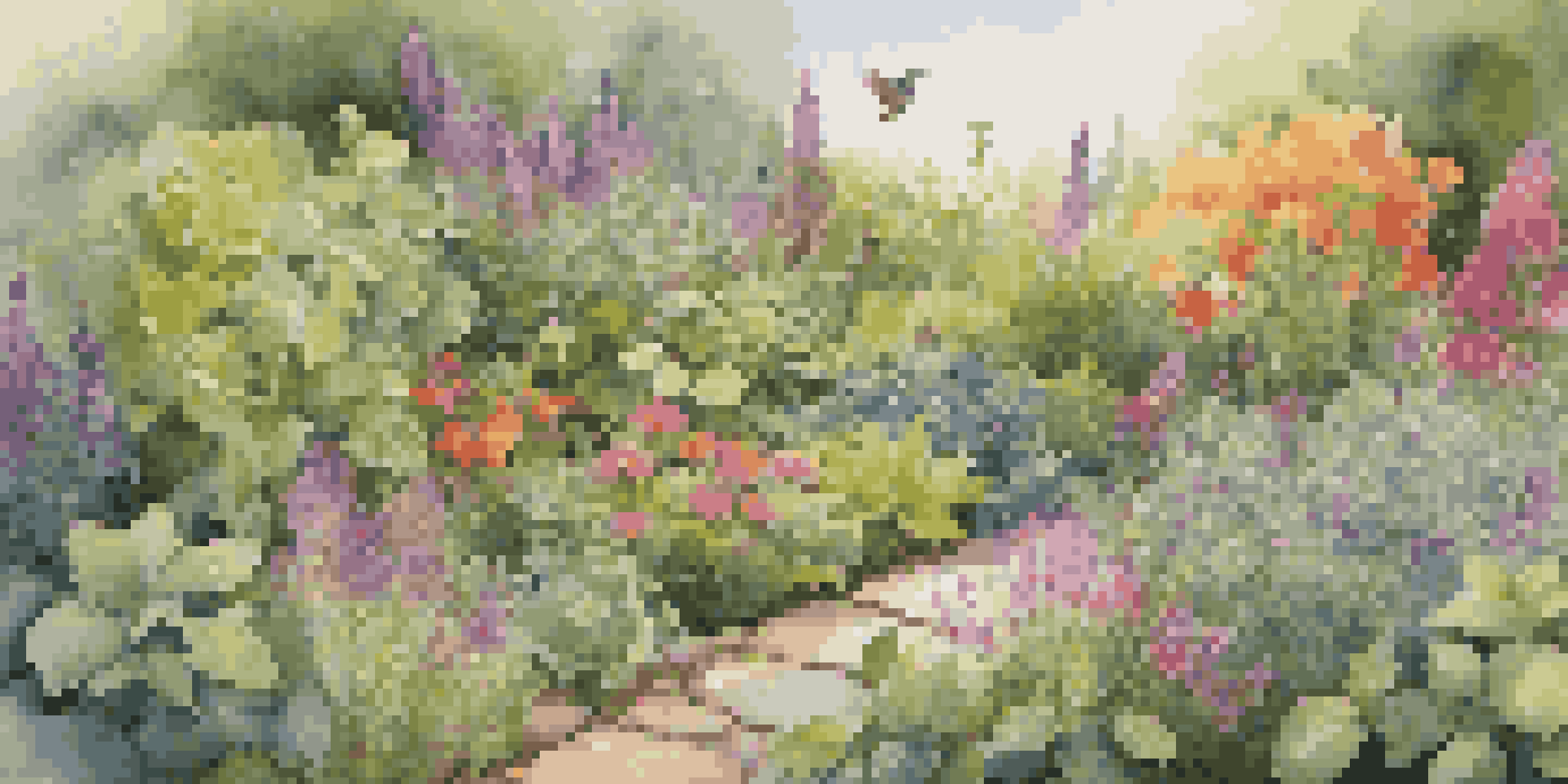 A colorful herb garden with various herbs and a small bird in sunlight.
