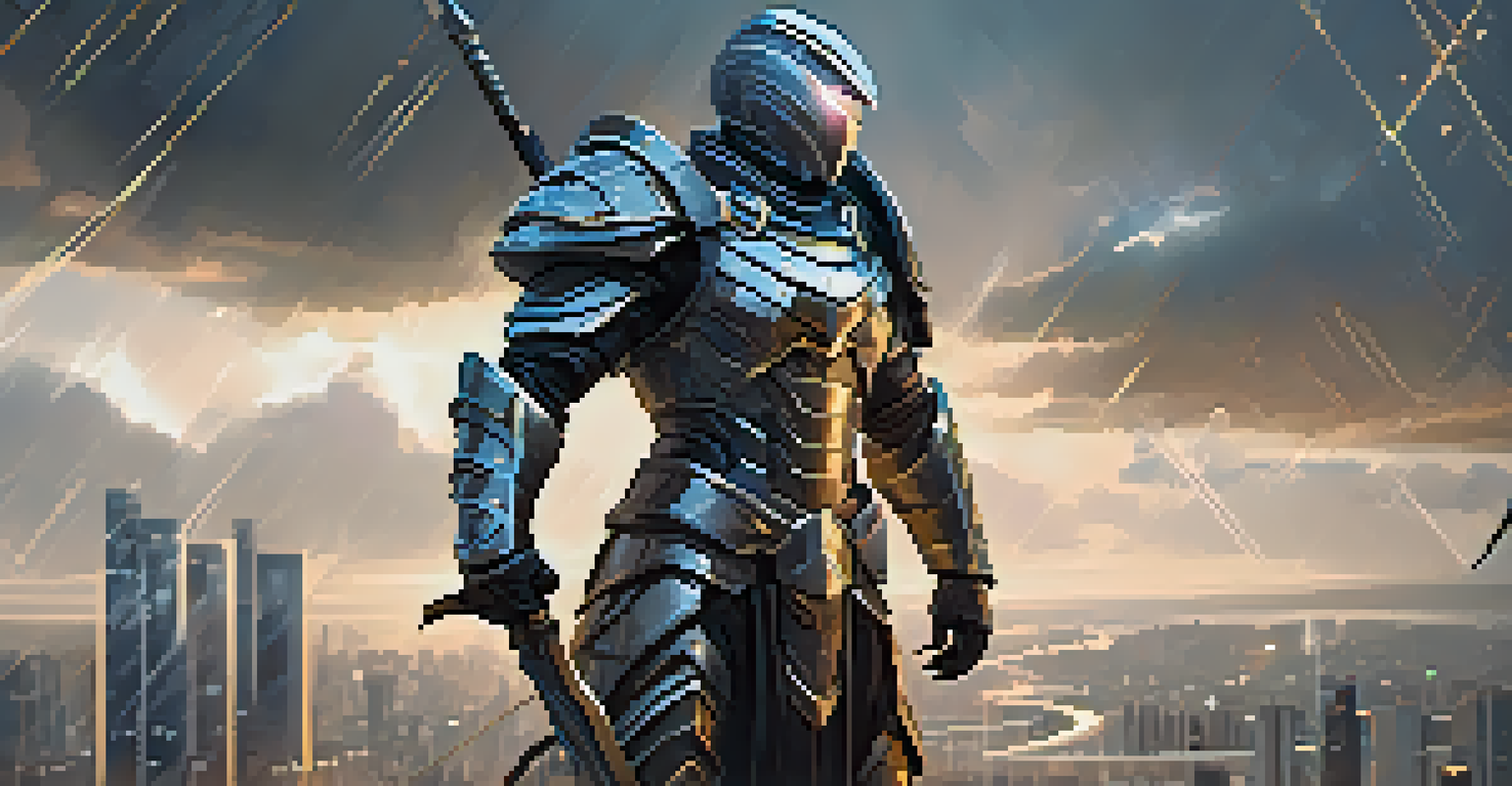 A futuristic warrior character design in intricate armor, posed dramatically against a dystopian cityscape.