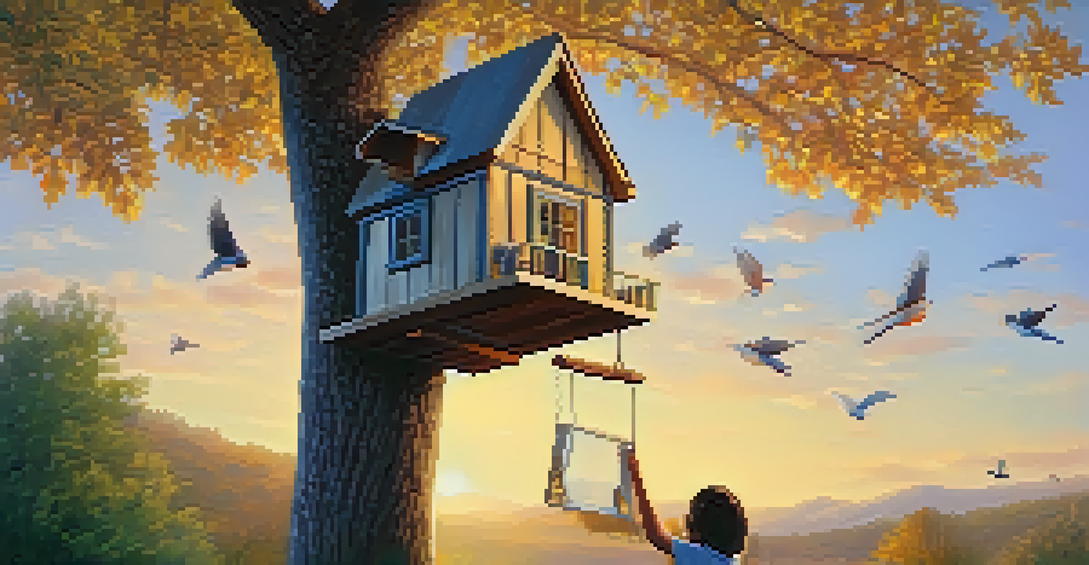 A charming birdhouse hanging from a tree with a child observing birds in a backyard during golden hour.