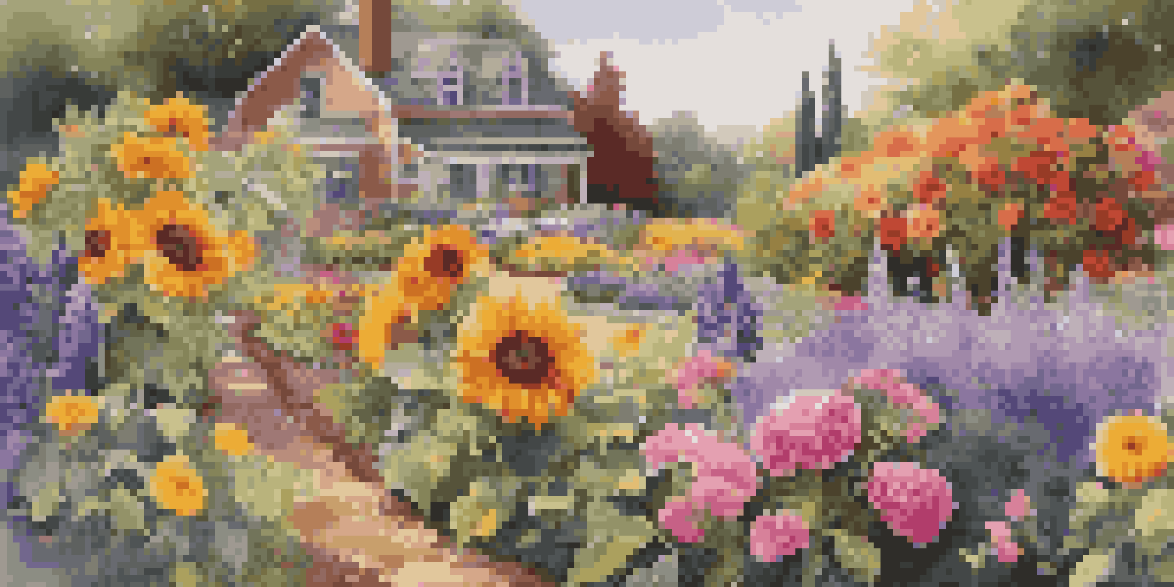 A colorful garden with sunflowers, marigolds, peonies, and lavender, illuminated by soft sunlight.