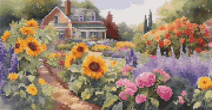 A colorful garden with sunflowers, marigolds, peonies, and lavender, illuminated by soft sunlight.