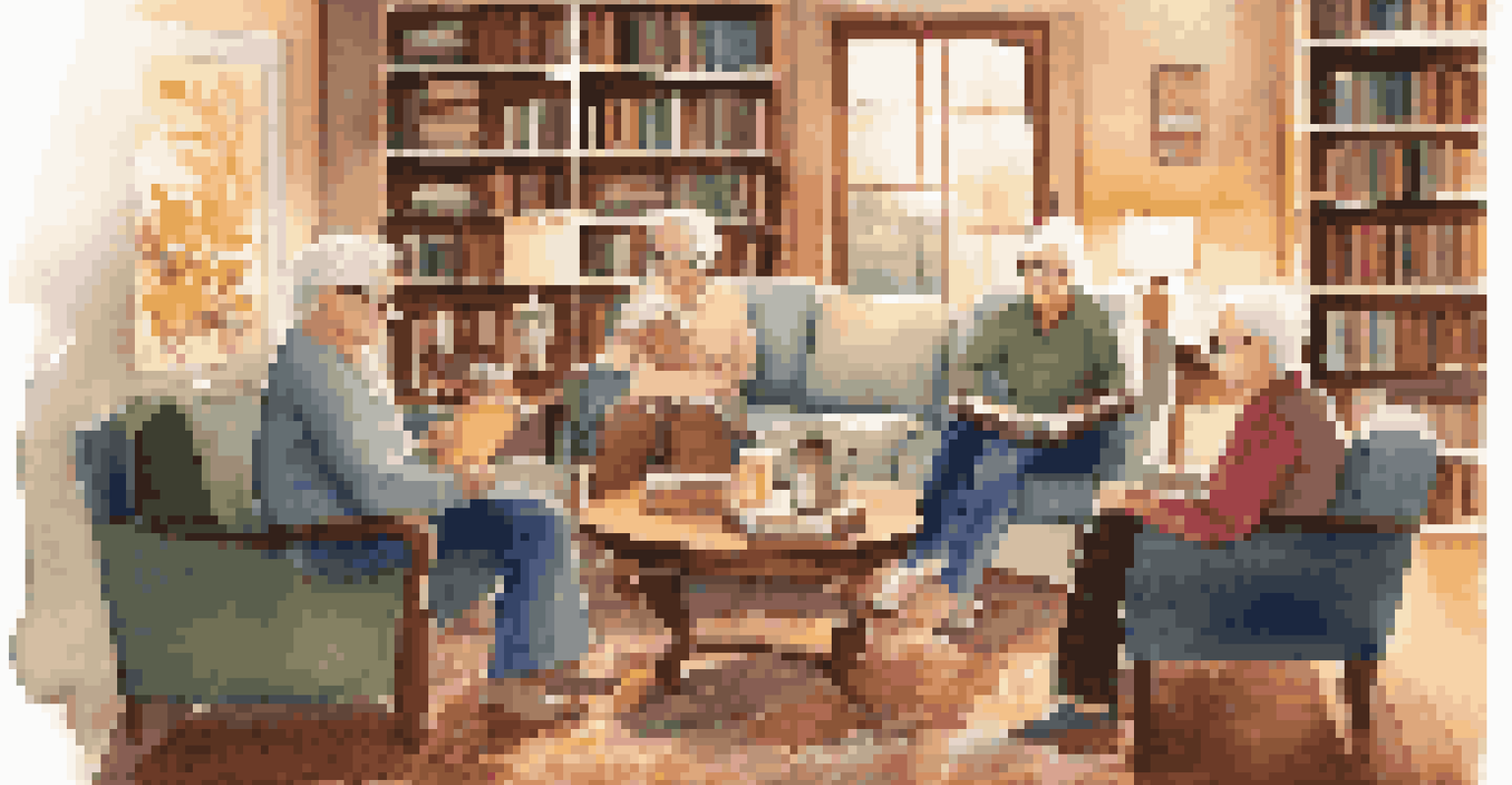 A book club meeting with older adults discussing a book in a cozy living room.