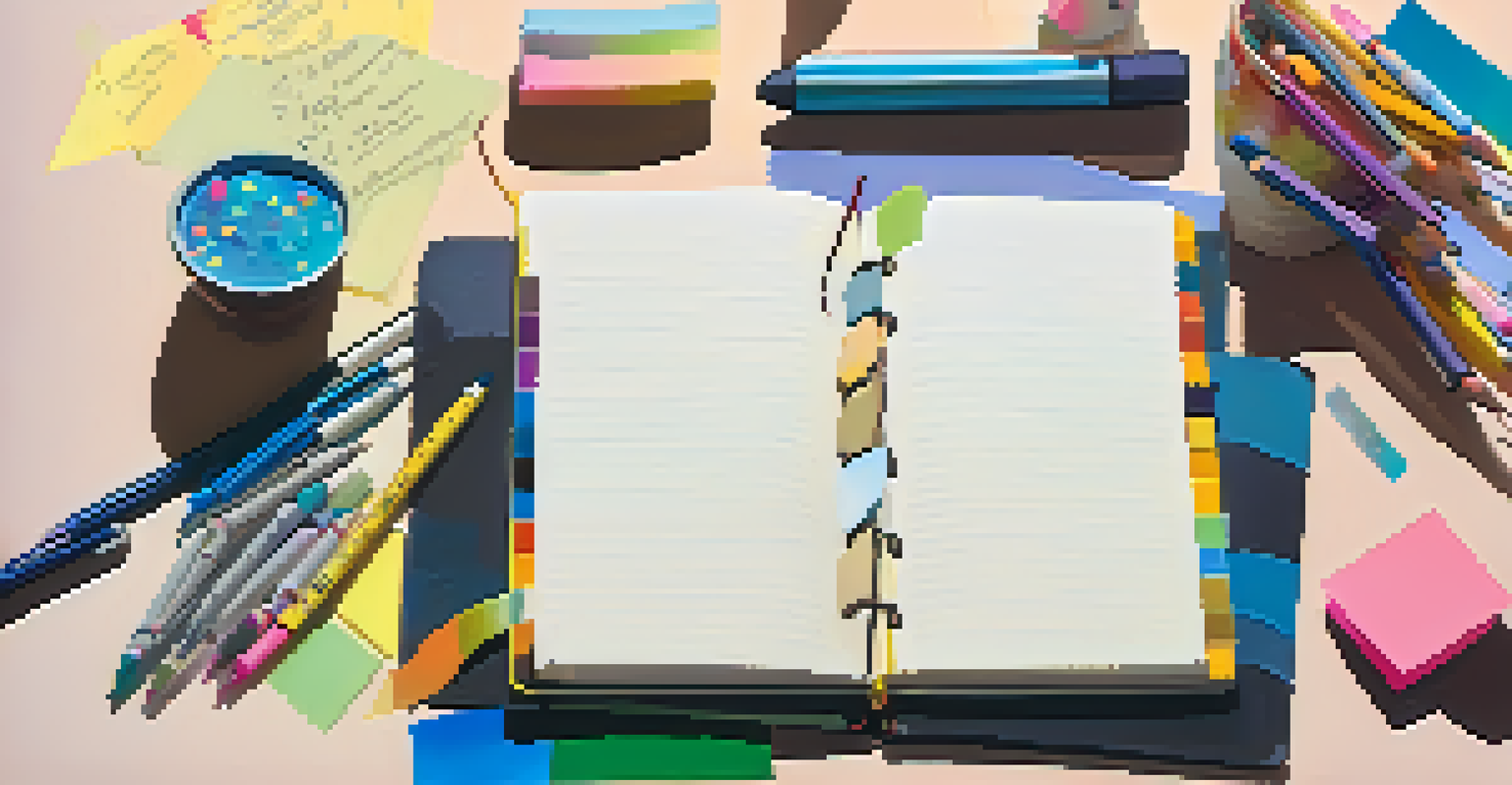 A desk with a journal, colorful pens, and sticky notes arranged artistically, illuminated by soft light.