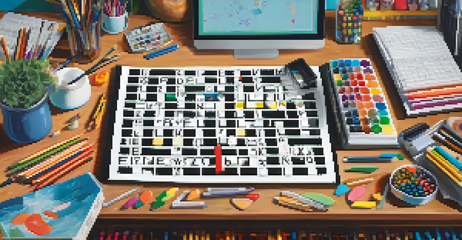 An artist's workspace with a colorful crossword grid on canvas, surrounded by art supplies and brainstorming notes.