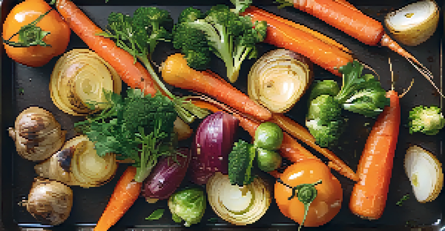 Overhead view of a baking tray filled with beautifully roasted vegetables, showcasing rich colors and textures.