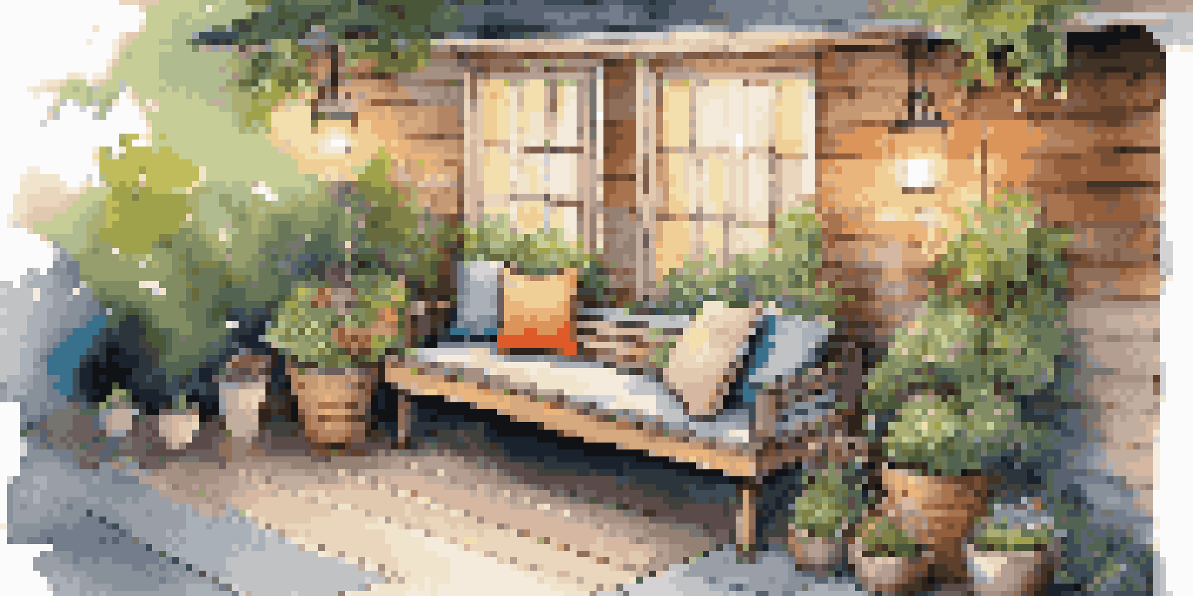 A cozy garden nook with a wooden bench, colorful cushions, potted plants, and string lights creating a warm atmosphere.