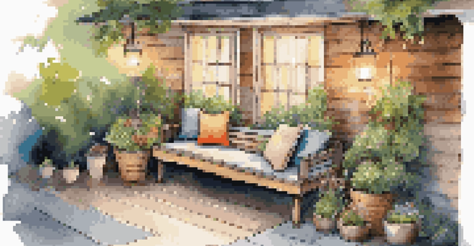 A cozy garden nook with a wooden bench, colorful cushions, potted plants, and string lights creating a warm atmosphere.
