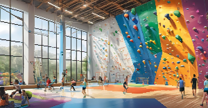 An indoor climbing gym bustling with climbers on colorful walls, with sunlight pouring in through large windows.