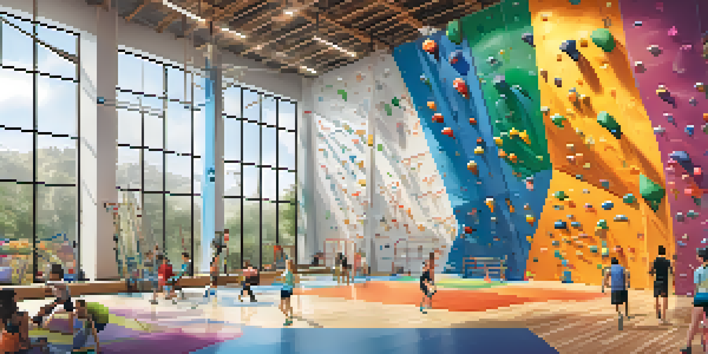 An indoor climbing gym bustling with climbers on colorful walls, with sunlight pouring in through large windows.