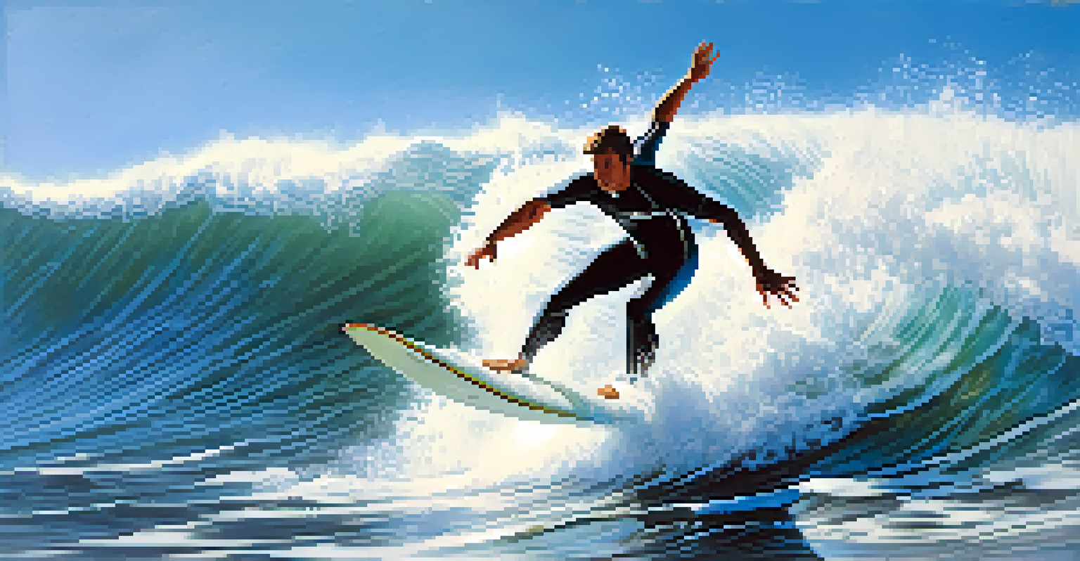 A surfer skillfully riding a large wave, with dynamic water splashes and a clear blue sky.