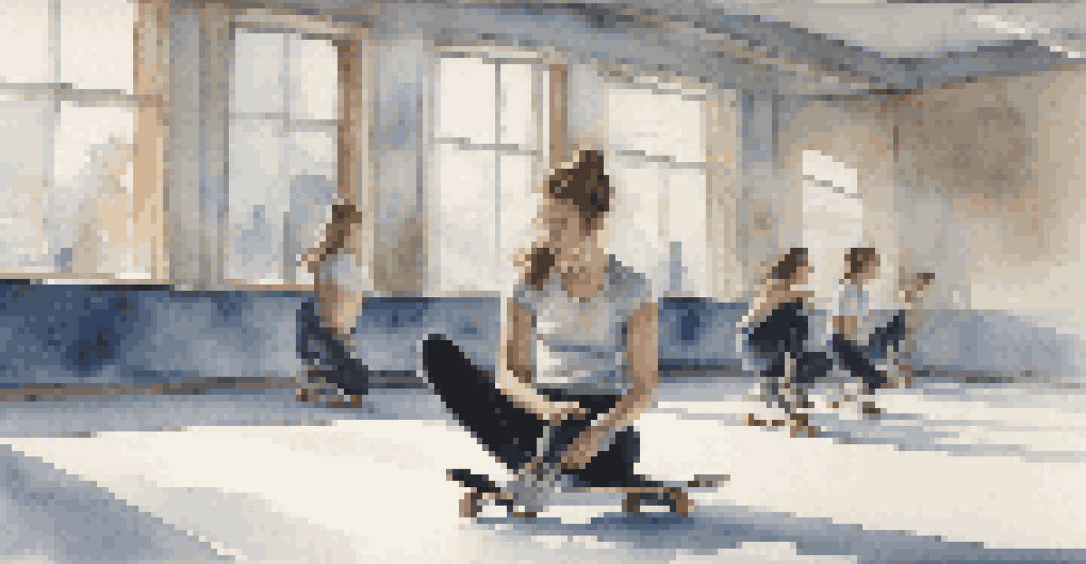 A young woman sitting cross-legged in a training room, eyes closed in meditation, surrounded by mirrors and posters, representing mental preparation for skating.