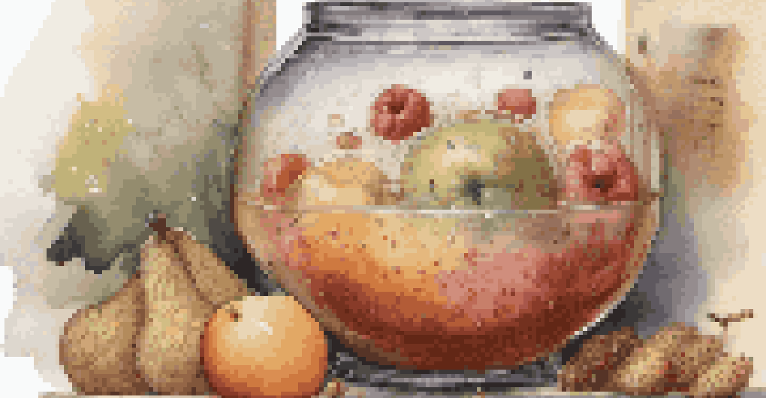 A close-up of a fermentation vessel with bubbling liquid, fresh fruits, grains, a wooden spoon, and handwritten notes on fermentation.