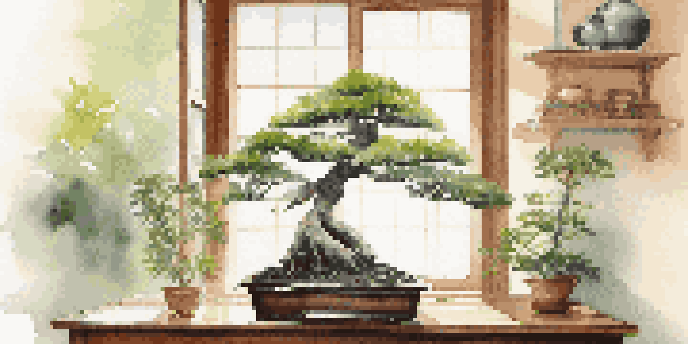 An indoor scene with a bonsai tree on a wooden table by a sunny window, showcasing its green leaves and twisted trunk in a cozy living room.