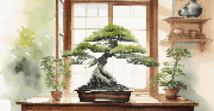 An indoor scene with a bonsai tree on a wooden table by a sunny window, showcasing its green leaves and twisted trunk in a cozy living room.